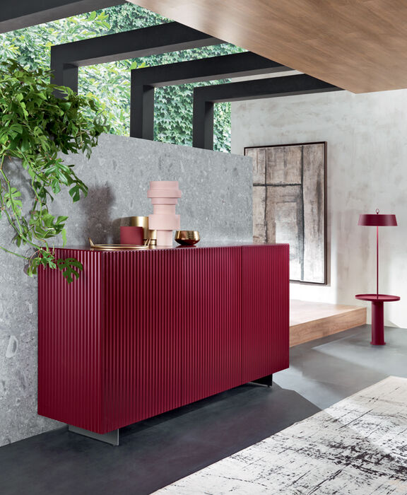 Madia moderna colorata, in legno laccato con superfici incise - Onda, Riflessi