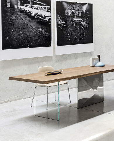 tavolo piano legno base cristallo