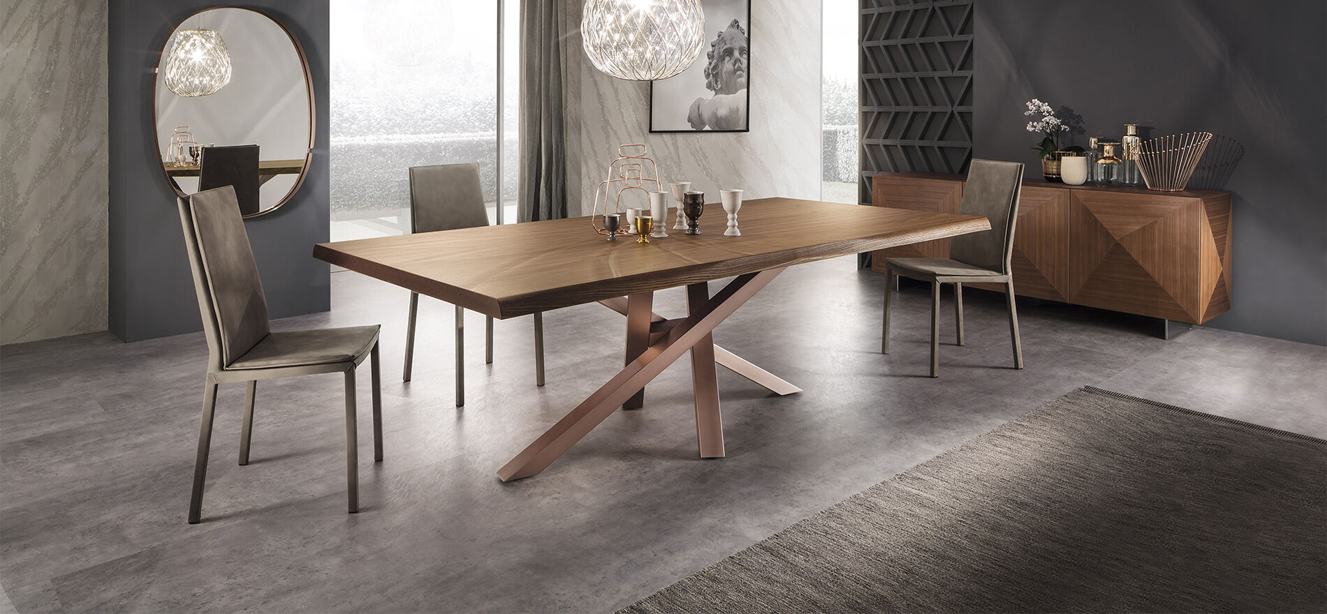 Moderno ed elegante, imponente e raffinato, Shangai è un tavolo di design con piano in legno